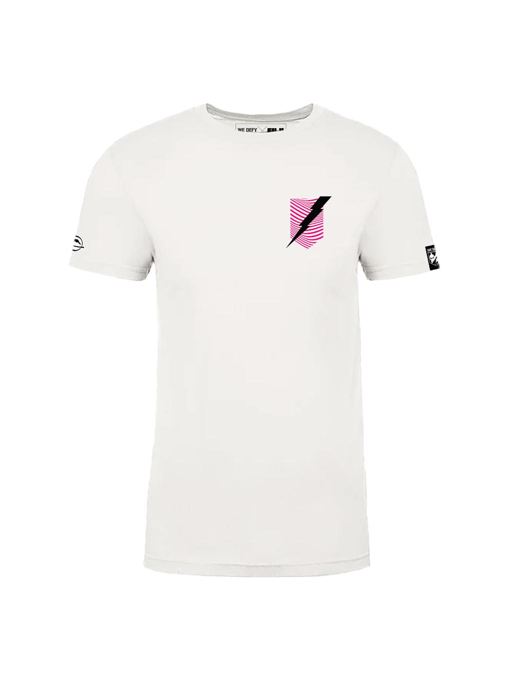 The We Defy Pink Shield Stripes T-Shirt White features short sleeves, a small pink and black lightning bolt on the left chest pocket, and black printed logos on both sleeves.
