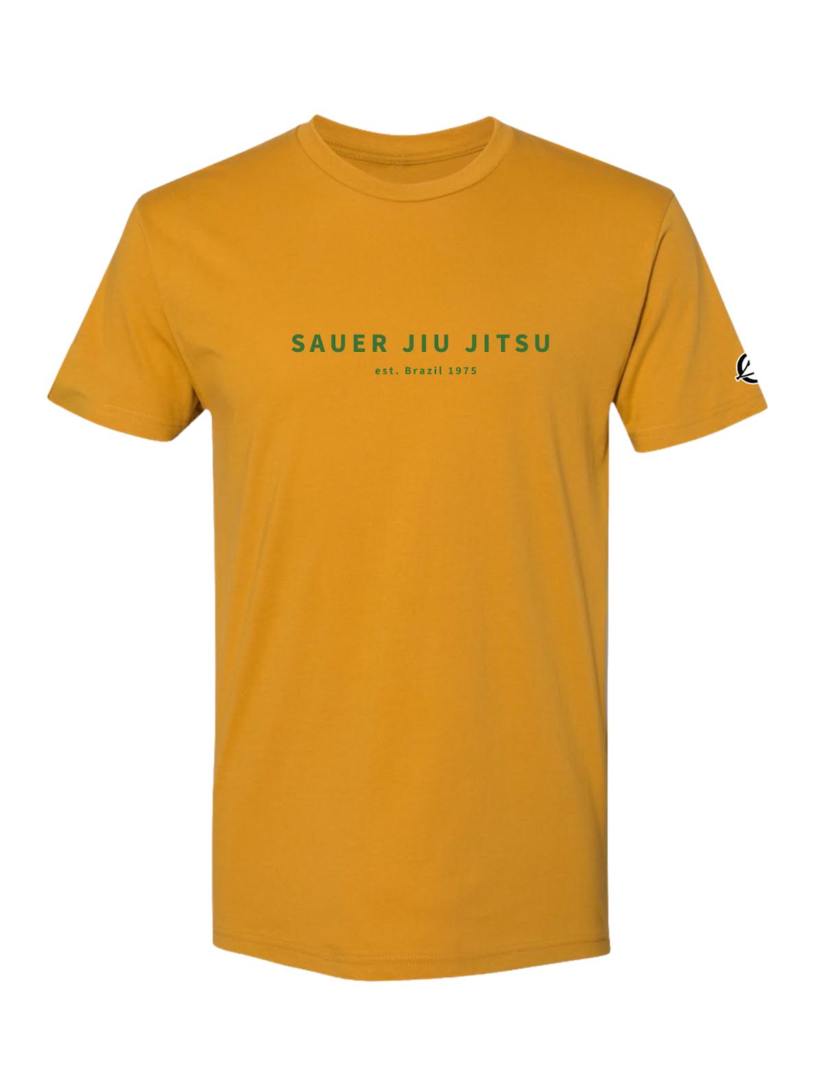 The Pedro Sauer Jiu Jitsu T-Shirt Antique Gold features "SAUER JIU JITSU est. Brazil 1975" in green on the chest and a small black logo on the left sleeve.
