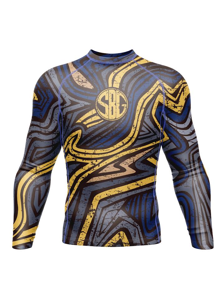 Kids SBG Summer Long Sleeve Rashguard featuring abstract blue, yellow, and black wavy patterns with an SBG logo printed on the chest.