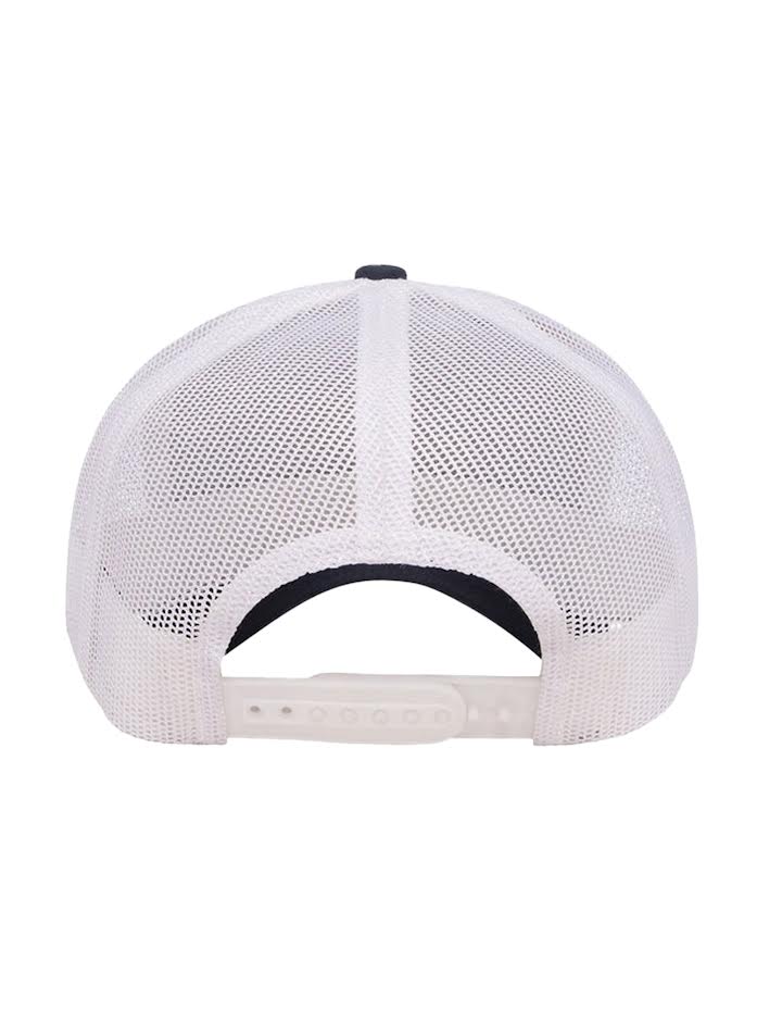 The Royce Gracie Navy Blue Hat is seen from behind, featuring a white mesh back, adjustable snapback closure, and black inner band.