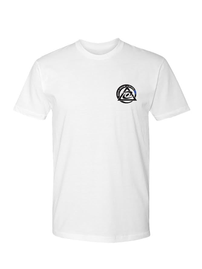 The Royce Gracie Classic T-Shirt White is a plain white short-sleeve tee featuring a small black circular abstract eye logo on the left chest.
