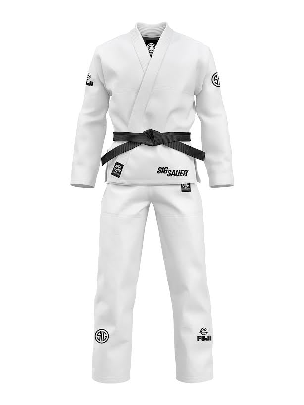 The SIG SAUER Suparaito Gi White is a Brazilian Jiu-Jitsu gi with a black belt, featuring SIG SAUER and FUJI logos on the jacket and pants, shown on a plain white background.