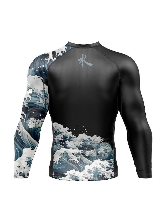 The Kids SBG Flow Like Water Long Sleeve Rashguard in black features a Japanese-style wave pattern on one sleeve and the lower back, plus a small light blue symbol near the upper back neck.
