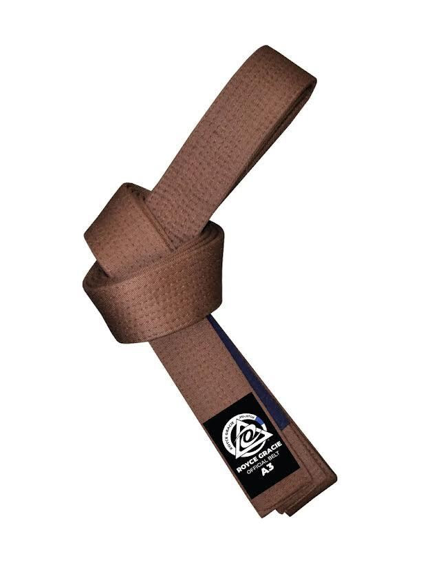 The Royce Gracie OFFICIAL Brown BJJ Belt with Blue Bar is tied in a knot, featuring a black label with a white logo and "A3" text on one end, shown against a white background.