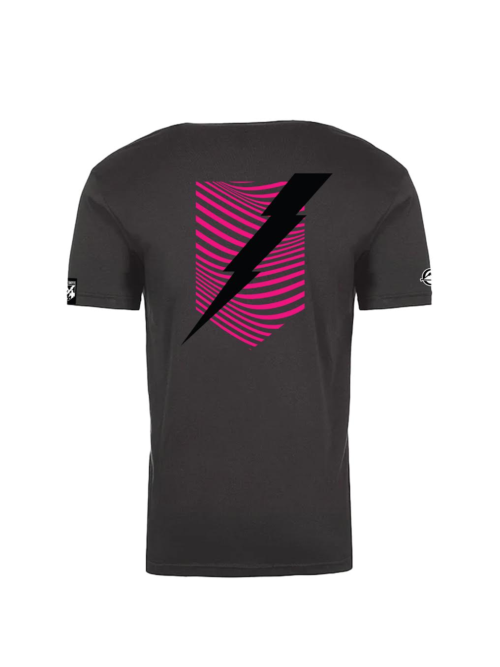 The We Defy Pink Shield Stripes T-Shirt Black features a bold pink geometric shield pattern with a large black lightning bolt on the back, plus small white graphics on each sleeve.