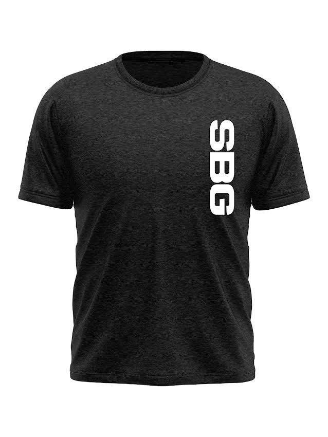A black SBG Stand Clinch Ground T-Shirt featuring short sleeves and white “SBG” lettering printed vertically on the left side of the chest.