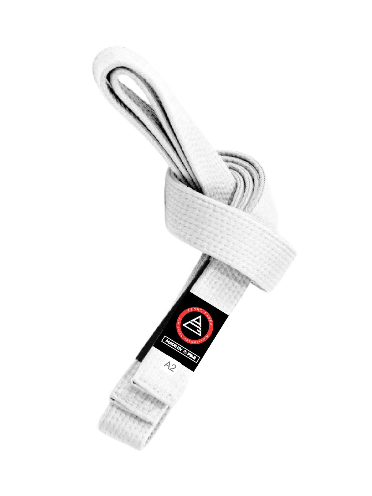 The Pedro Sauer Official Jiu Jitsu Belt in white, size A2, features a black label with a red and white Gracie Barra logo and is shown neatly folded on a white background.