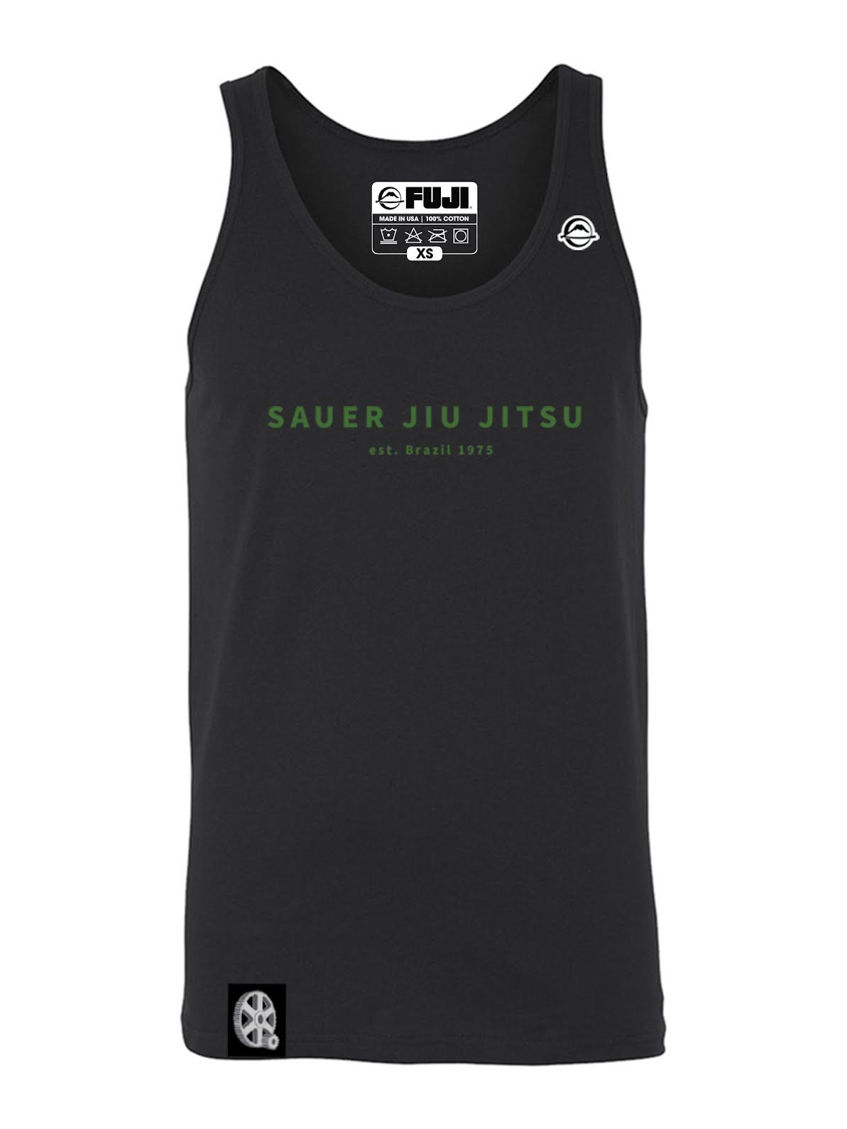 The Pedro Sauer Jiu Jitsu Tank Top Black features “SAUER JIU JITSU est. Brazil 1975” in green on the chest, with FUJI and Sauer Jiu Jitsu logos printed on the inside collar and lower left front.