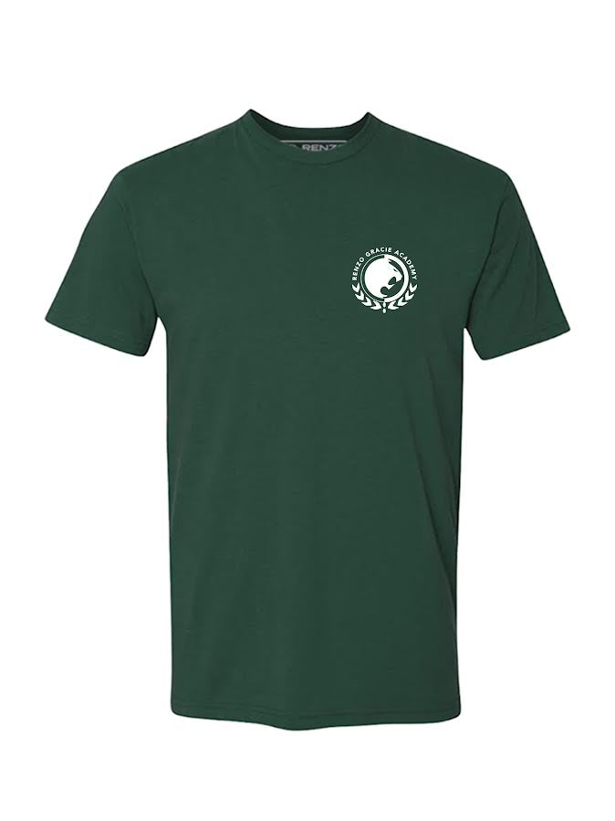 Forest green short-sleeve Renzo Gracie Essential T-Shirt featuring a small white yin-yang circular logo and "Oracle Archery Academy" text on the left chest.