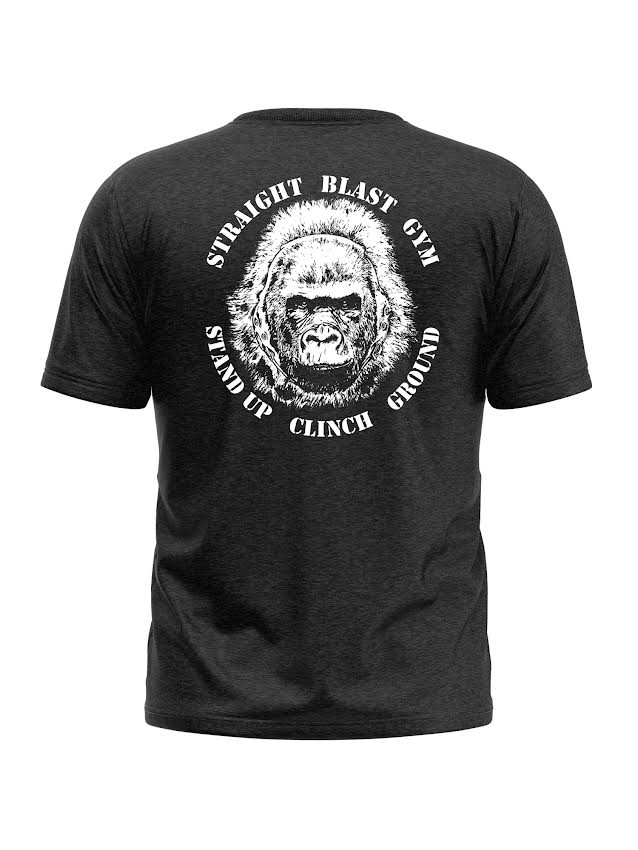 SBG Stand Clinch Ground T-Shirt Black featuring a white graphic of a gorilla’s face on the back, with “Straight Blast Gym” above and “Stand Up Clinch Ground” below.