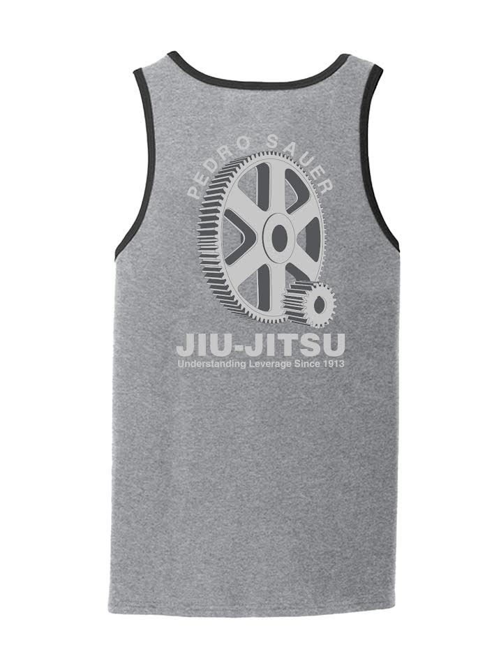 The Pedro Sauer Leverage Tank Top Gray is a gray sleeveless top with black trim, a large gear graphic on the back, and the text "PEDRO SAUER JIU-JITSU Understanding Leverage Since 1913.