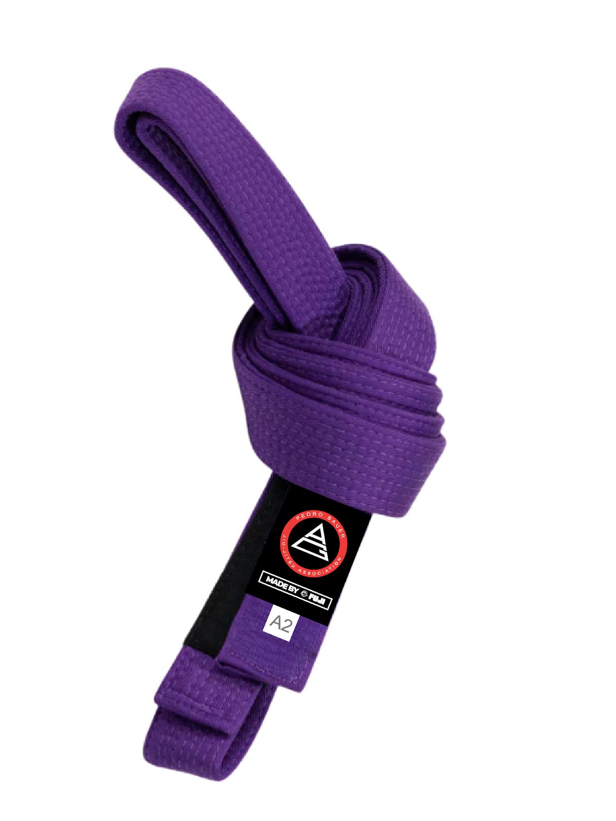 The Pedro Sauer Official Jiu Jitsu Belt Purple is neatly folded and knotted, featuring a black and red Gracie Barra logo patch and a white A2 size label at the end.