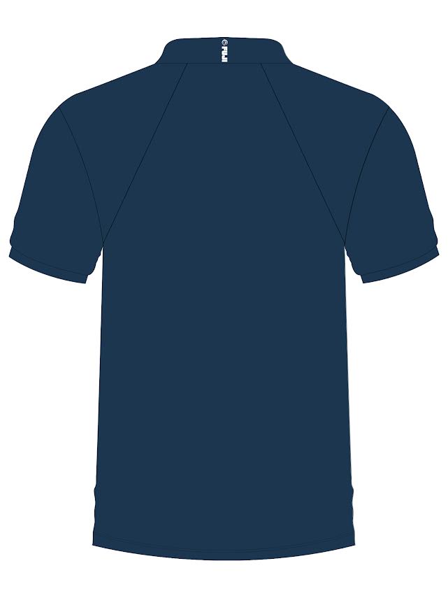 Back view of the navy blue We Defy Performance Navy short-sleeved polo shirt with a small white logo on the back of the collar.