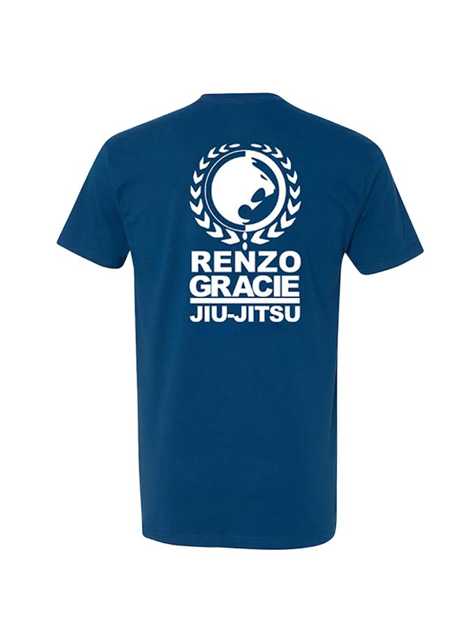 The Renzo Gracie Essential T-Shirt Cool Blue features a white stylized lion head in a wreath above “RENZO GRACIE JIU-JITSU” on the back.