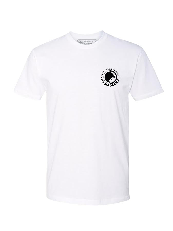 The Renzo Gracie Essential T-Shirt White is a short-sleeve tee featuring a small black circular logo with text and laurel design on the left chest.