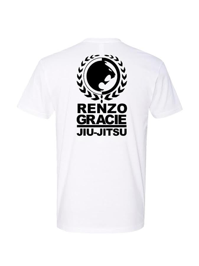 The Renzo Gracie Essential T-Shirt White features a black circular logo with laurel leaves and a stylized figure on the front, plus RENZO GRACIE JIU-JITSU printed on the back.