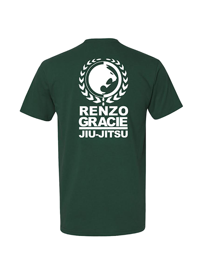 The Renzo Gracie Essential T-Shirt Forest Green features a white logo and RENZO GRACIE JIU-JITSU text on the back, below a circular emblem with a stylized figure and laurel wreath.