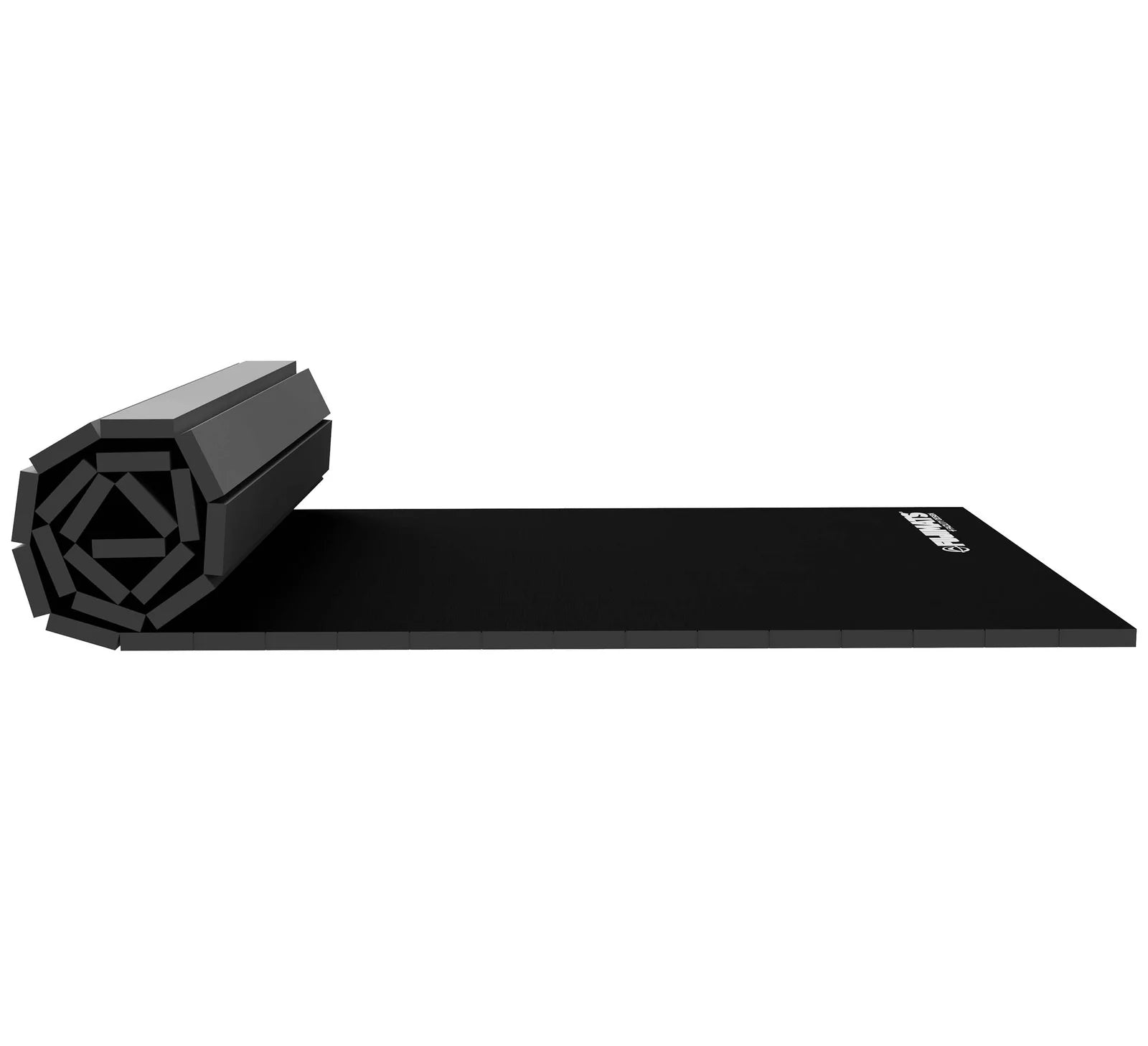 The Home Roll Out Mat Tatami Series Black is a partially unrolled black exercise or gymnastics mat featuring a white logo in the corner, shown on a white background.