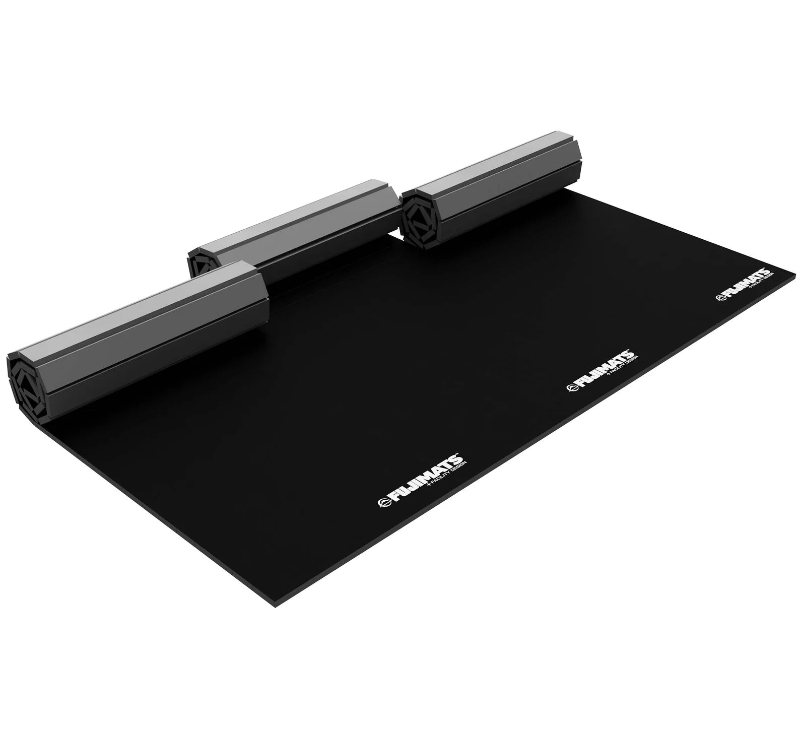 The Home Roll Out Mat Tatami Series Black is a rectangular black mat with three gray cylindrical rollers across the top, middle, and bottom edges, featuring white G-FLOOR and FLOORMATS logos.