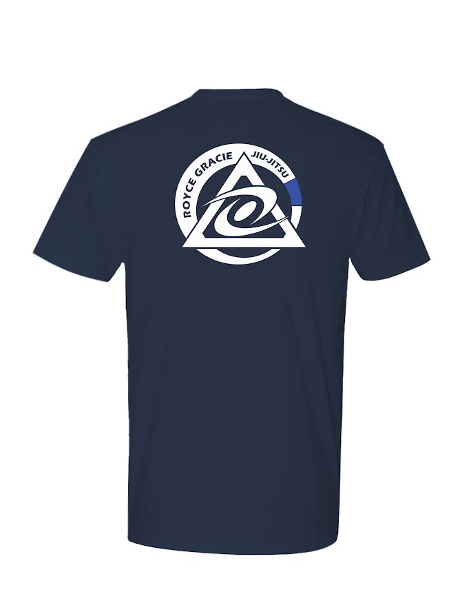 The Royce Gracie Classic T-Shirt Navy features a large white triangle logo with a stylized wave on the back, encircled by the text "Royce Gracie Jiu-Jitsu.