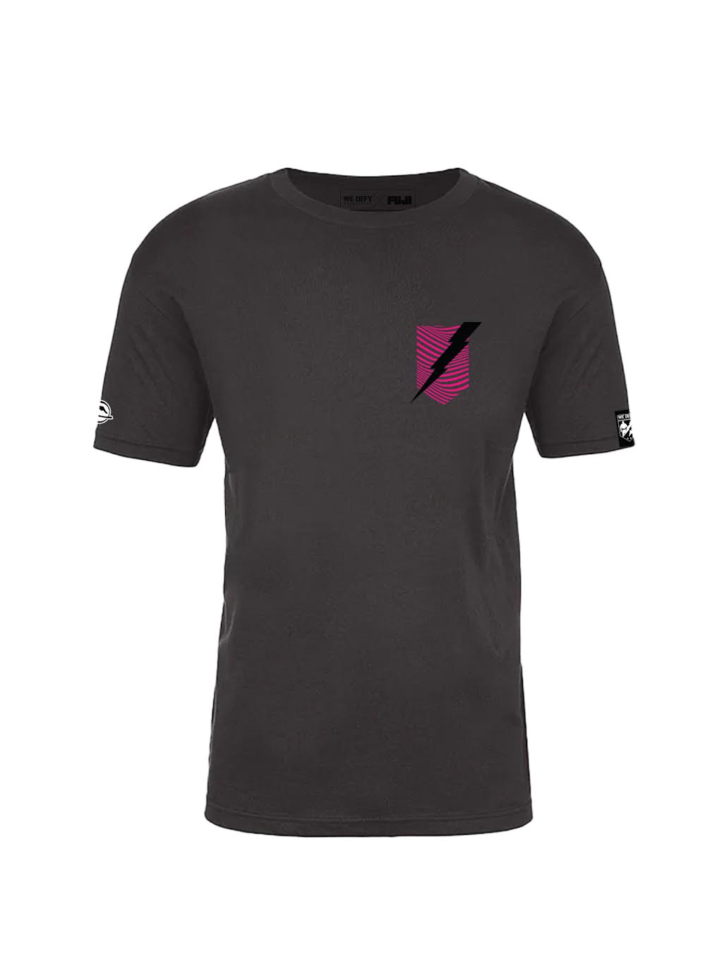 The We Defy Pink Shield Stripes T-Shirt Black is a short-sleeve tee with a small pink graphic and black lightning bolt on the left chest, plus white logos on both sleeves.