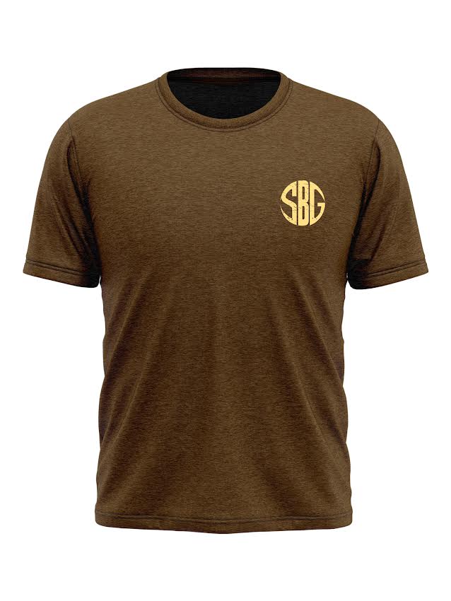 The SBG Vintage Summer T-Shirt Brown features short sleeves, a round neck, and a small yellow "SBG" monogram on the left chest. It is showcased against a plain white background.