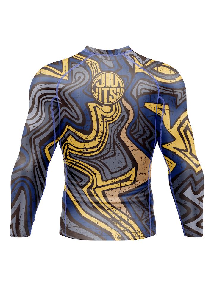 Kids SBG Summer Long Sleeve Rashguard featuring abstract blue, yellow, black, and beige swirling patterns and a JIU JITSU logo on the chest.