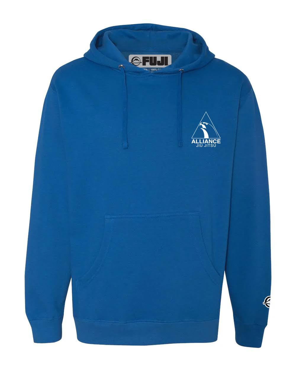 The Alliance Jiu-Jitsu Essential Hoodie Blue features a front pocket, the ALLIANCE JIU JITSU logo on the left chest, a small Fuji logo inside the neck area, and another Fuji logo on the left sleeve.