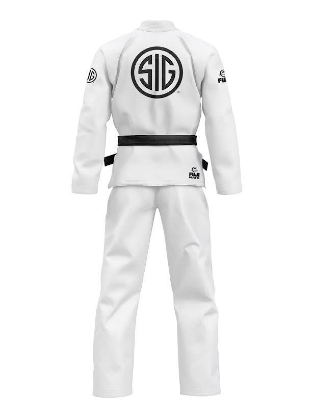 A person wearing the SIG SAUER Suparaito Gi White with a black belt, viewed from the back. The gi features "SIG" and other black logos printed on the back and sleeves.