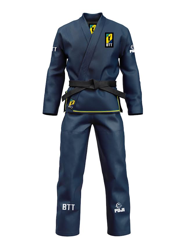A navy BTT Suparaito BJJ Gi worn with a black belt.