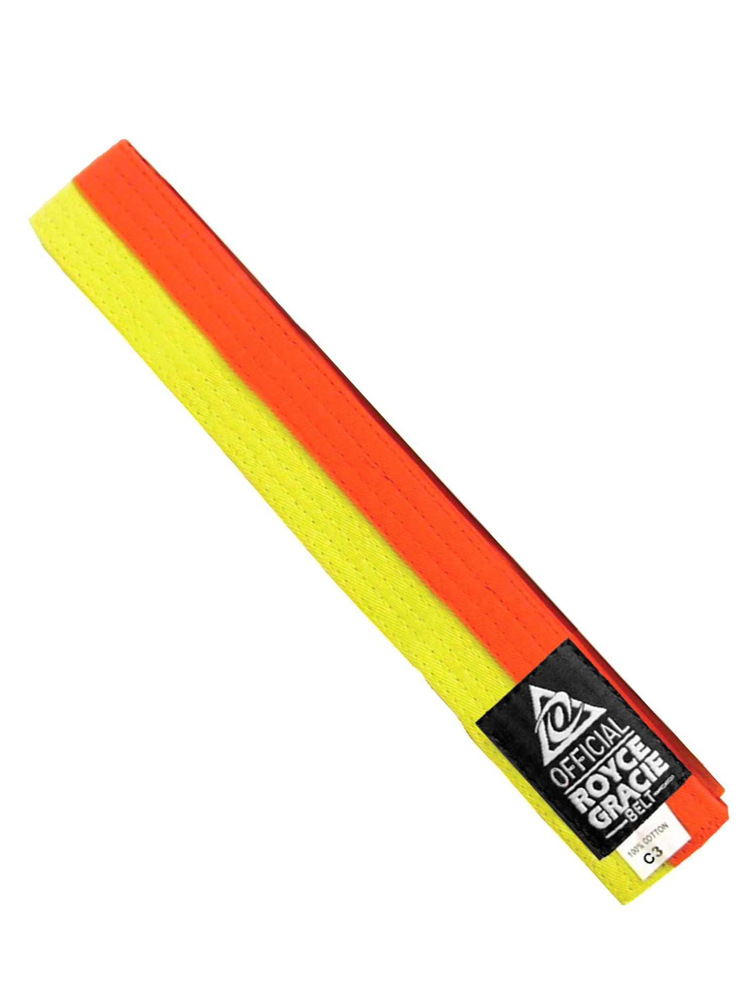 The Royce Gracie Color Kids BJJ Belt in Orange/Yellow features a patch reading "Official Royce Gracie" and a smaller C15 label on a white background.