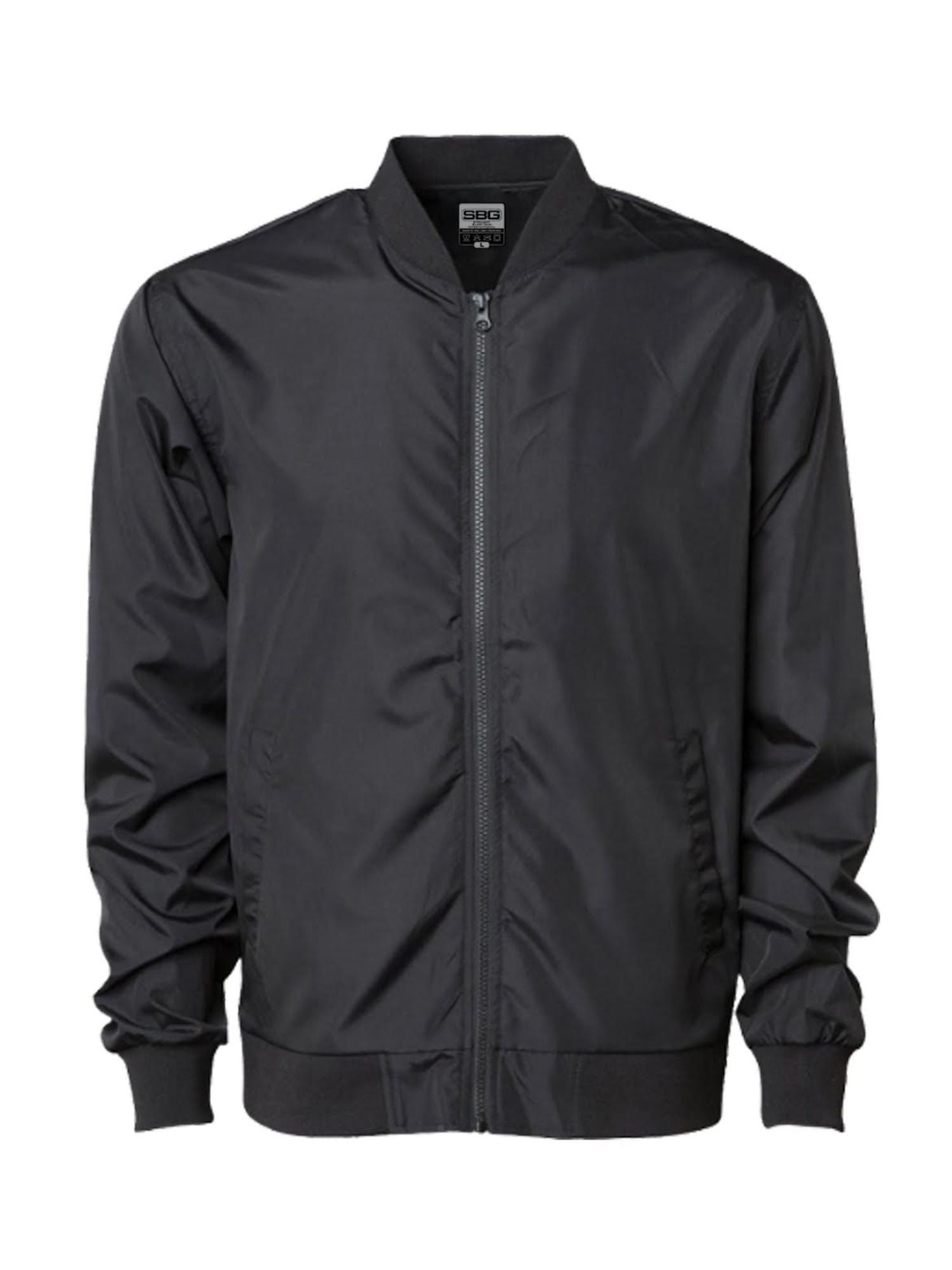 The SBG Lightweight Bomber Jacket Black features a front zipper, ribbed collar, cuffs, and waistband, two side pockets, and a classic design.