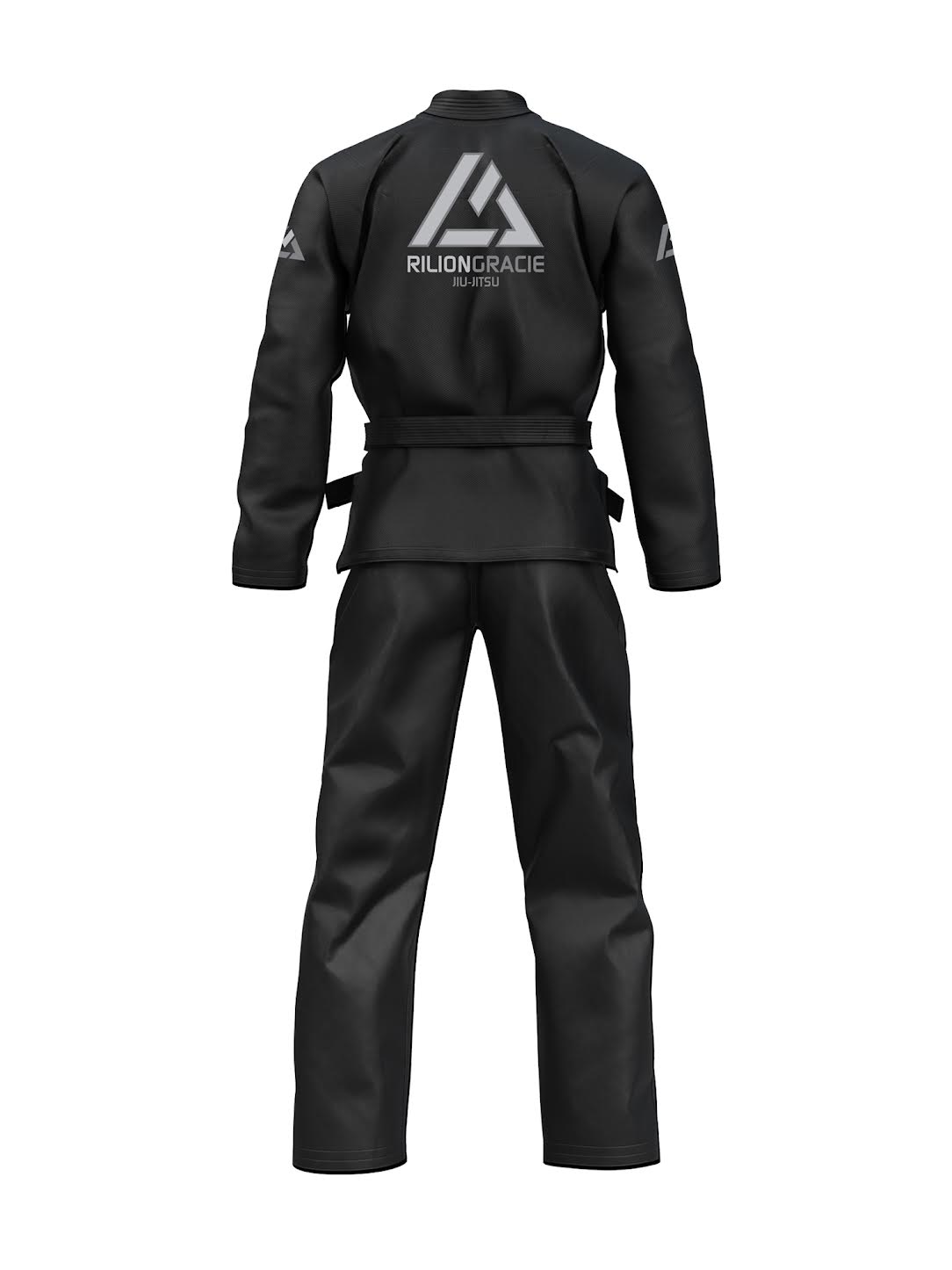 The Rilion Gracie Suparaito BJJ Gi Black is shown from the back, featuring a white Rilion Gracie Brazilian Jiu-Jitsu logo on the upper back and additional logos on both sleeves.