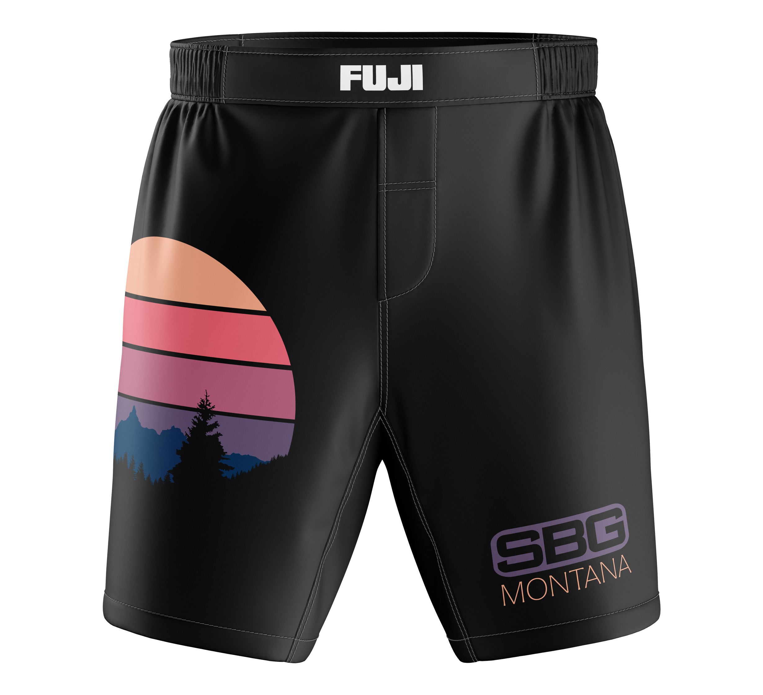 Kids SBG Montana Themed Shorts: Black athletic shorts with a sunset, mountains, and trees graphic on the left leg, SBG Montana logo on the right leg, and FUJI printed on the waistband.