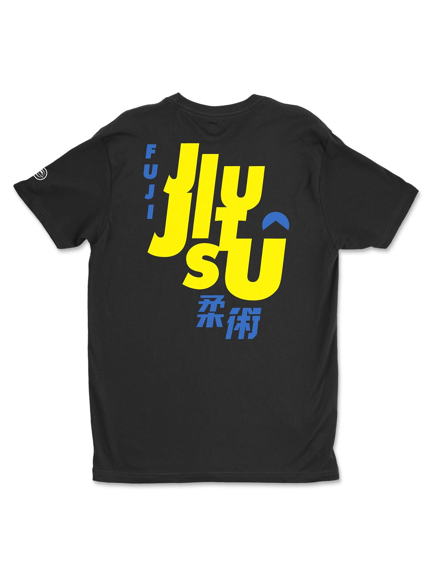 The Bold Jiu Jitsu Shirt Black features bold yellow and blue “FUJI JIU JITSU” text with Japanese kanji on the back and a small white FUJI logo on the left sleeve.