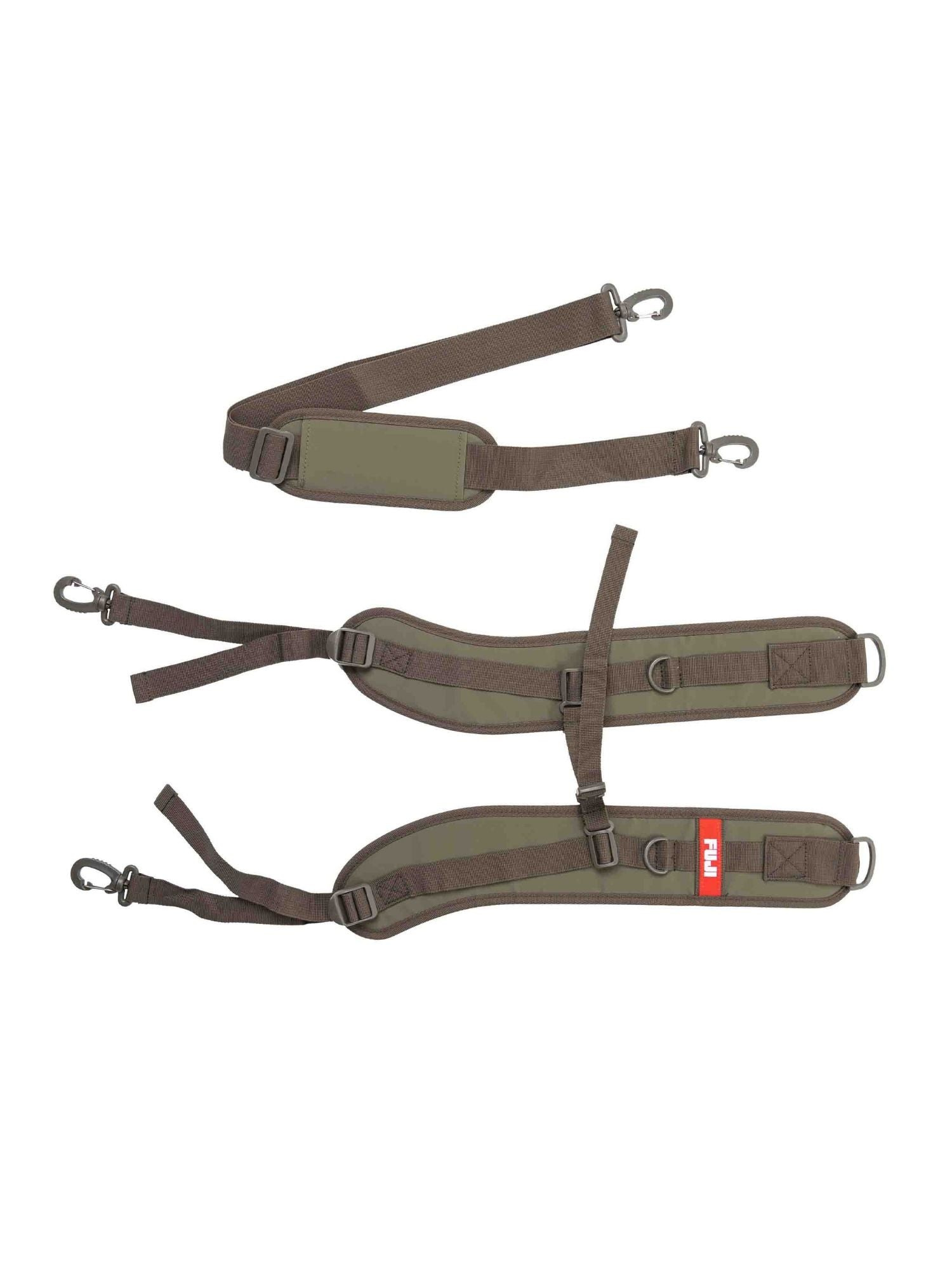 Three military green and brown adjustable shoulder straps with padded sections and metal swivel hooks, designed for the Comp Convertible Backpack Duffle Military Green, are laid out on a white background. One strap features a red and white logo tag.