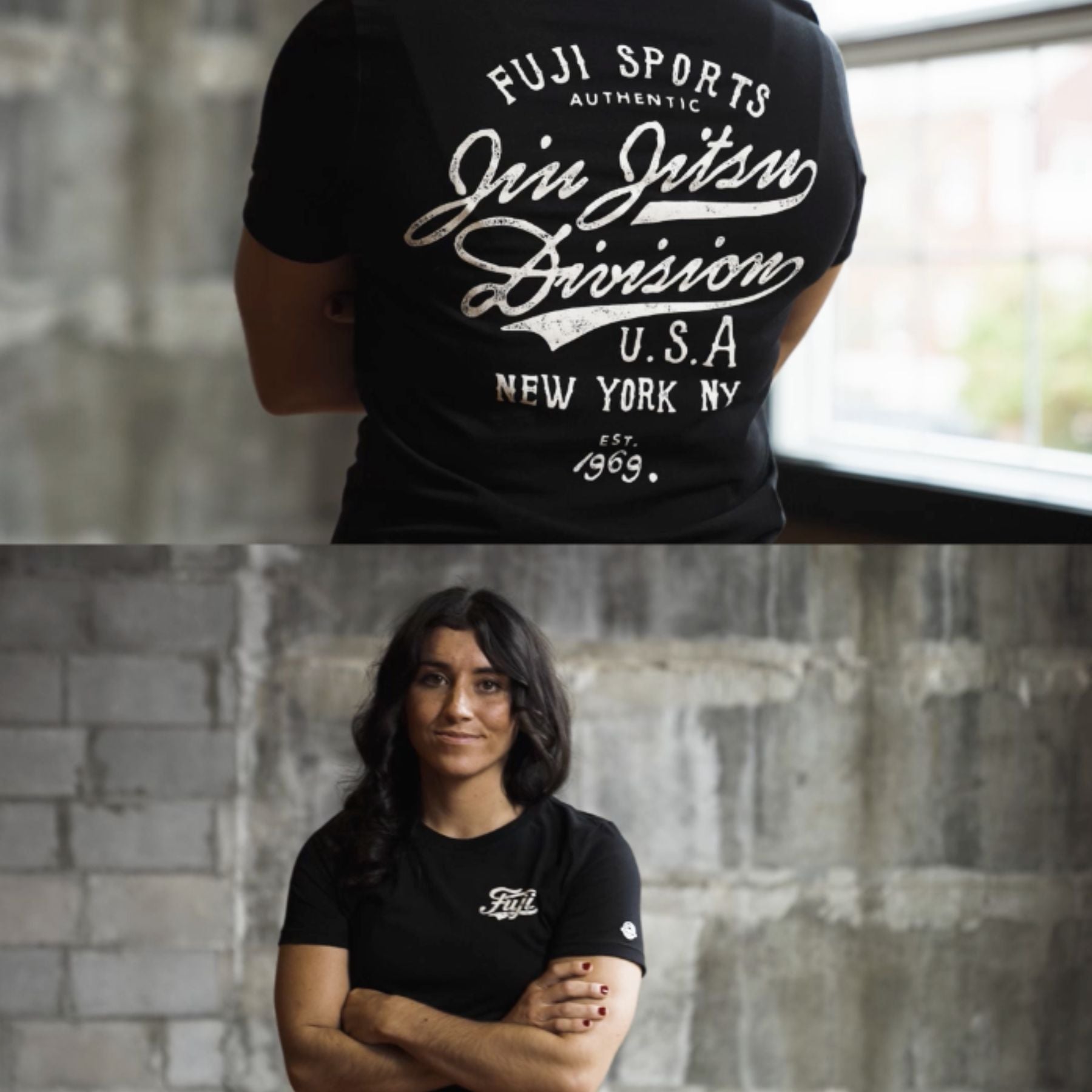A person stands with their back to the camera in a black “Fuji Sports Jiu Jitsu Division” shirt (top), and a woman with dark hair stands with folded arms, wearing the same shirt, in front of a concrete wall (bottom).