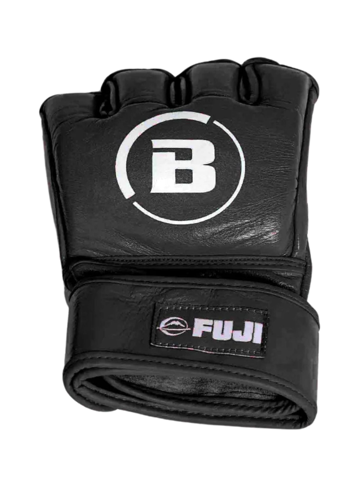 The Bellator MMA Gloves Black feature an open-finger design, a prominent white B logo in a circle on the back, and a FUJI brand label on the wrist strap.