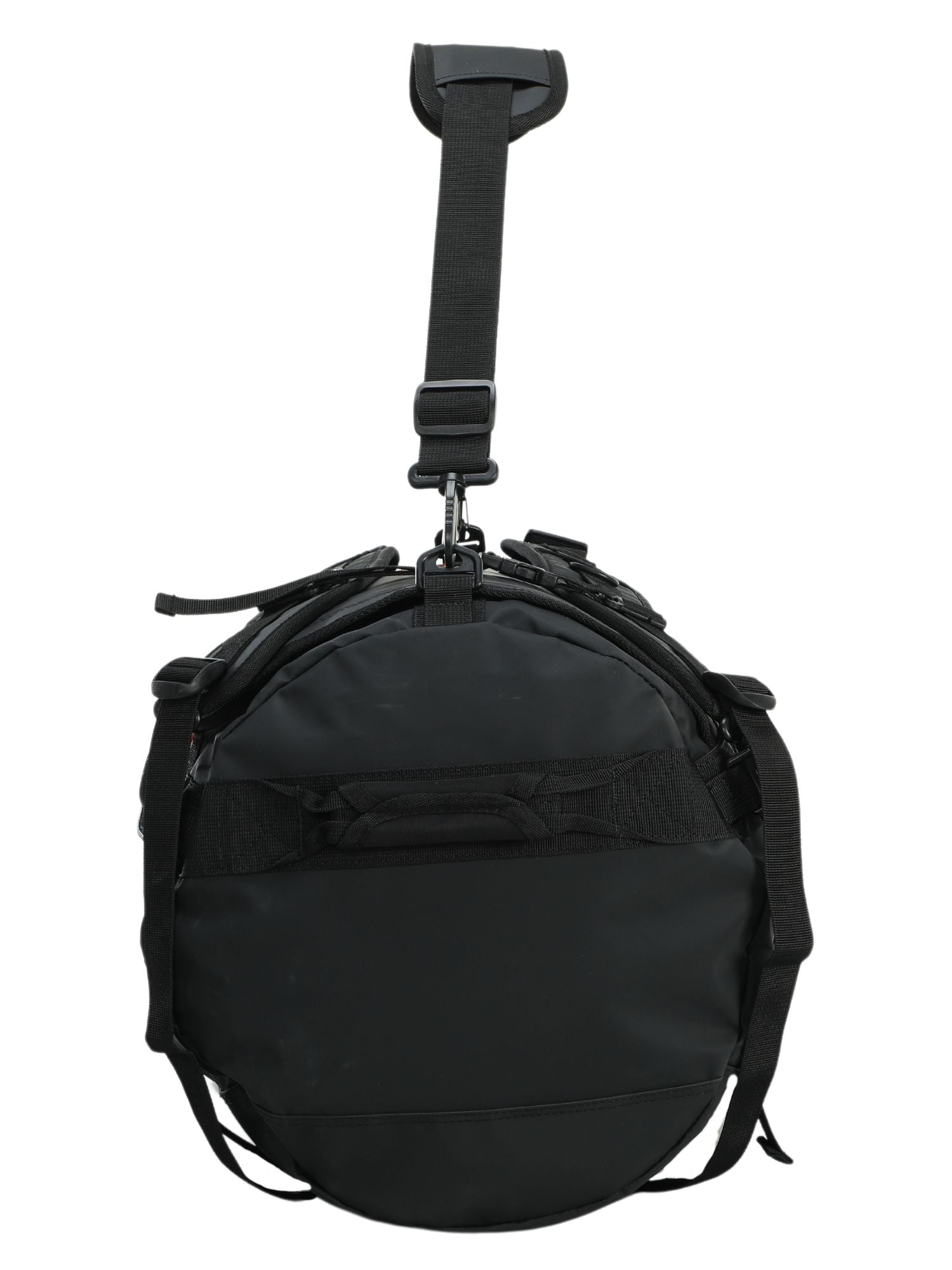 The SBG Comp Duffle Bag Black is a round duffel with multiple handles, an adjustable shoulder strap, top zipper, and reinforced stitching, shown against a plain white background.