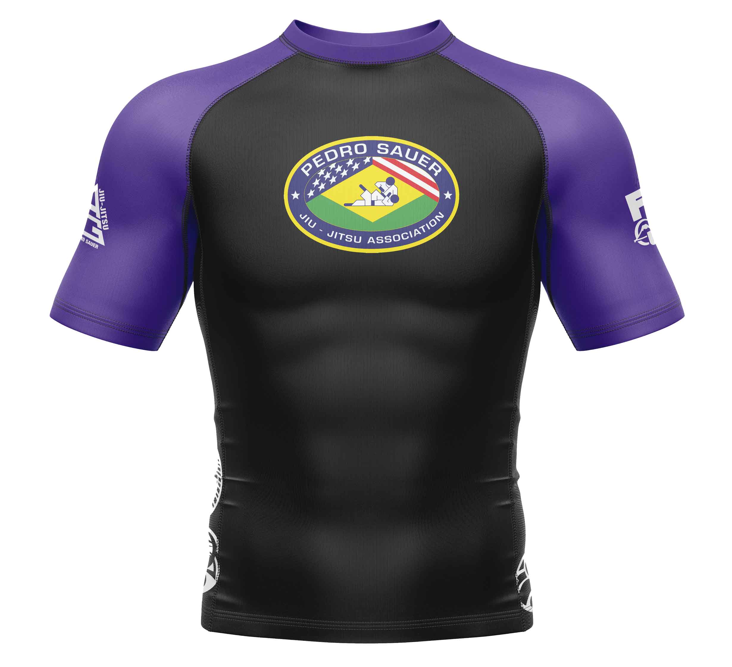 The Pedro Sauer Ranked Short Sleeve Rashguard Purple features black and purple colors, the “Pedro Sauer Jiu-Jitsu Association” logo on the chest, and white graphics on the sleeves and sides.