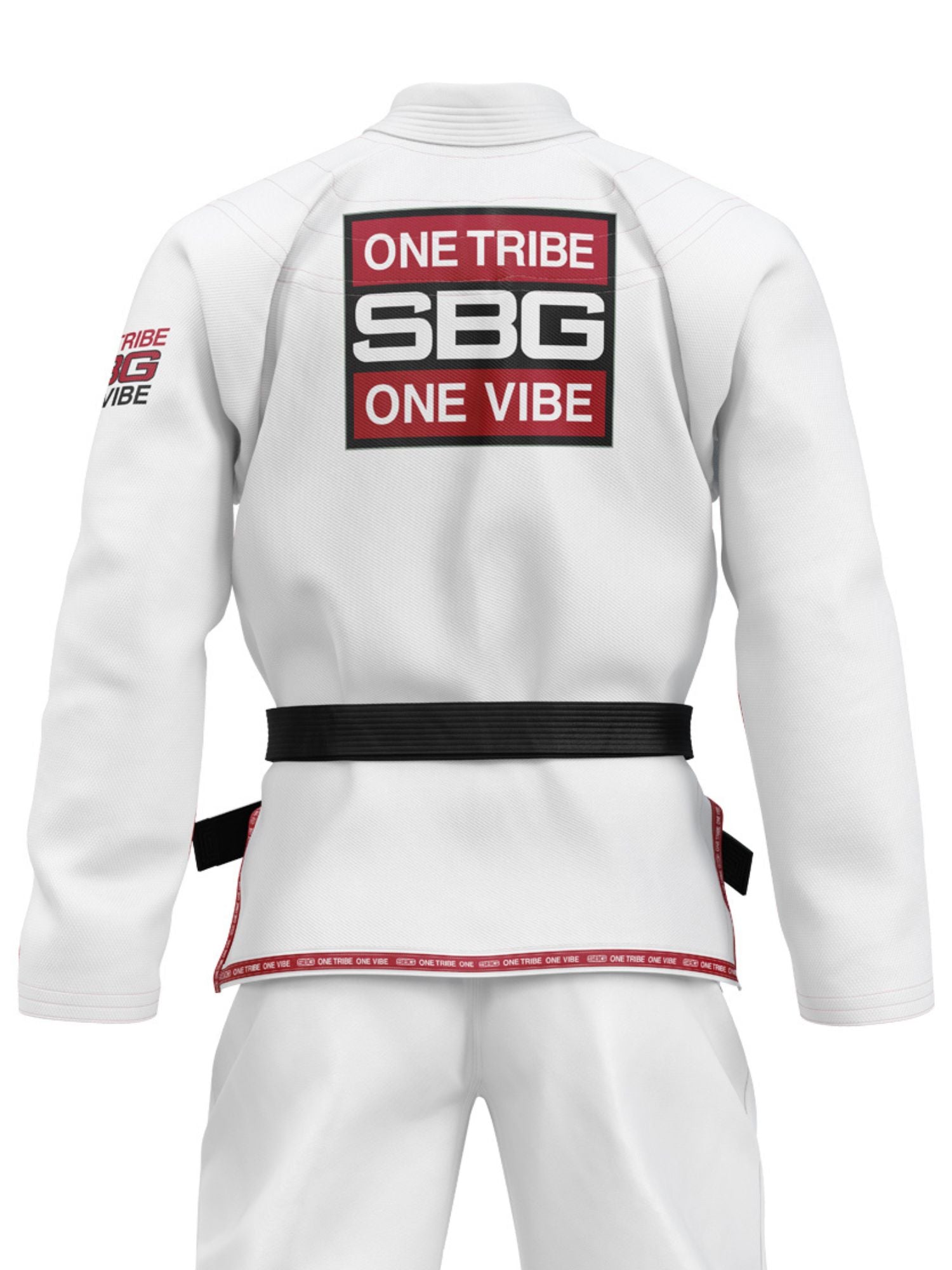 A person wears the Womens SBG One Tribe One Vibe BJJ Gi White, featuring a black belt and a back patch reading "ONE TRIBE SBG ONE VIBE" in red, black, and white; the same text appears smaller on the left sleeve.