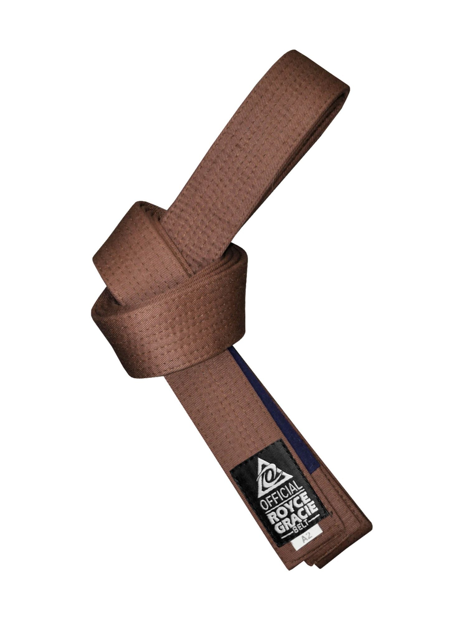 A Royce Gracie Color BJJ Belt in brown, tied in a knot, features a label with "Official Royce Gracie" and "Gracie Jiu-Jitsu" on one end.