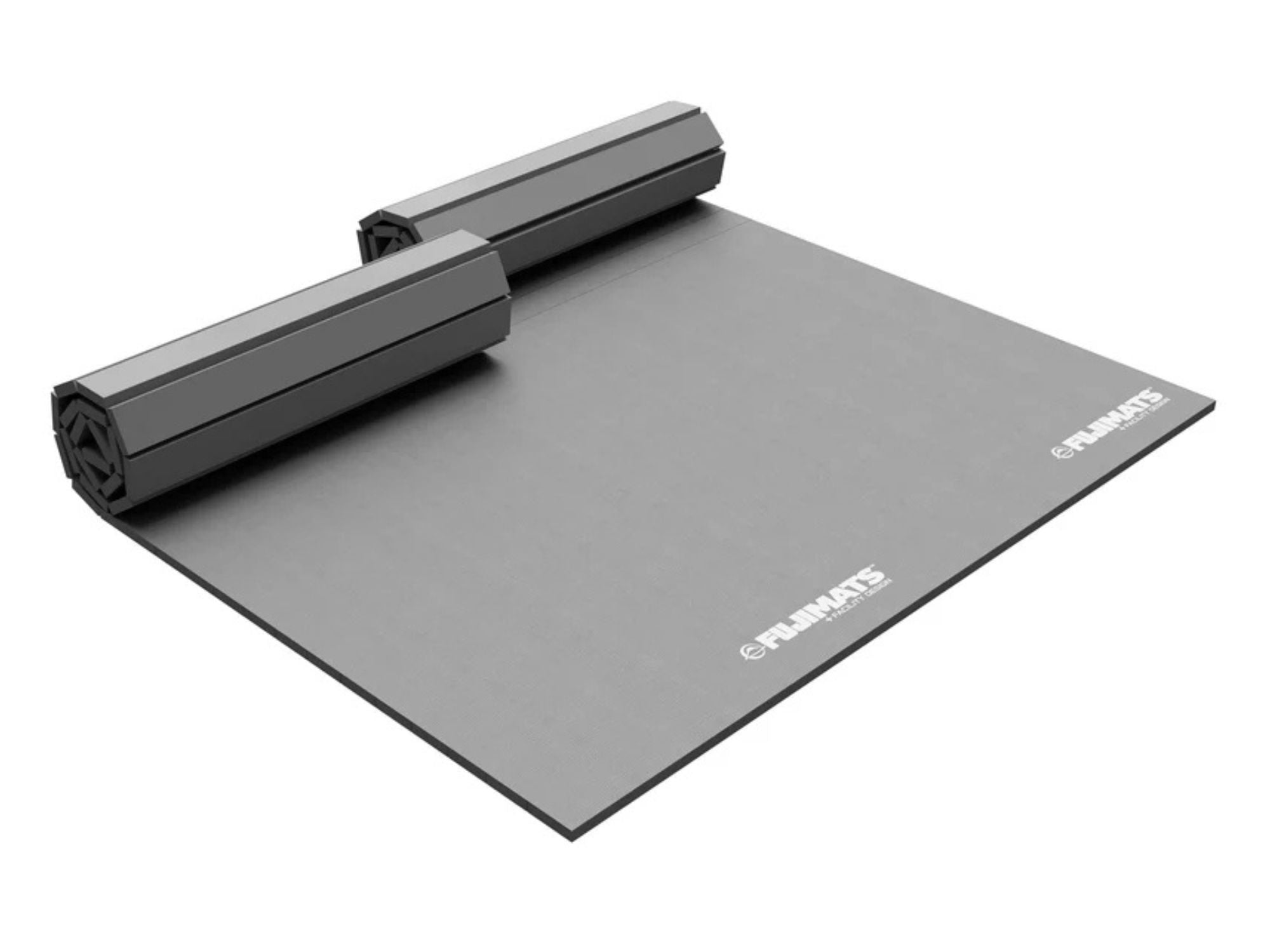 A large, gray Home Roll Out Mat Tatami Series with two rolled-up edges and the “FUNMATS” logo in white on each corner.