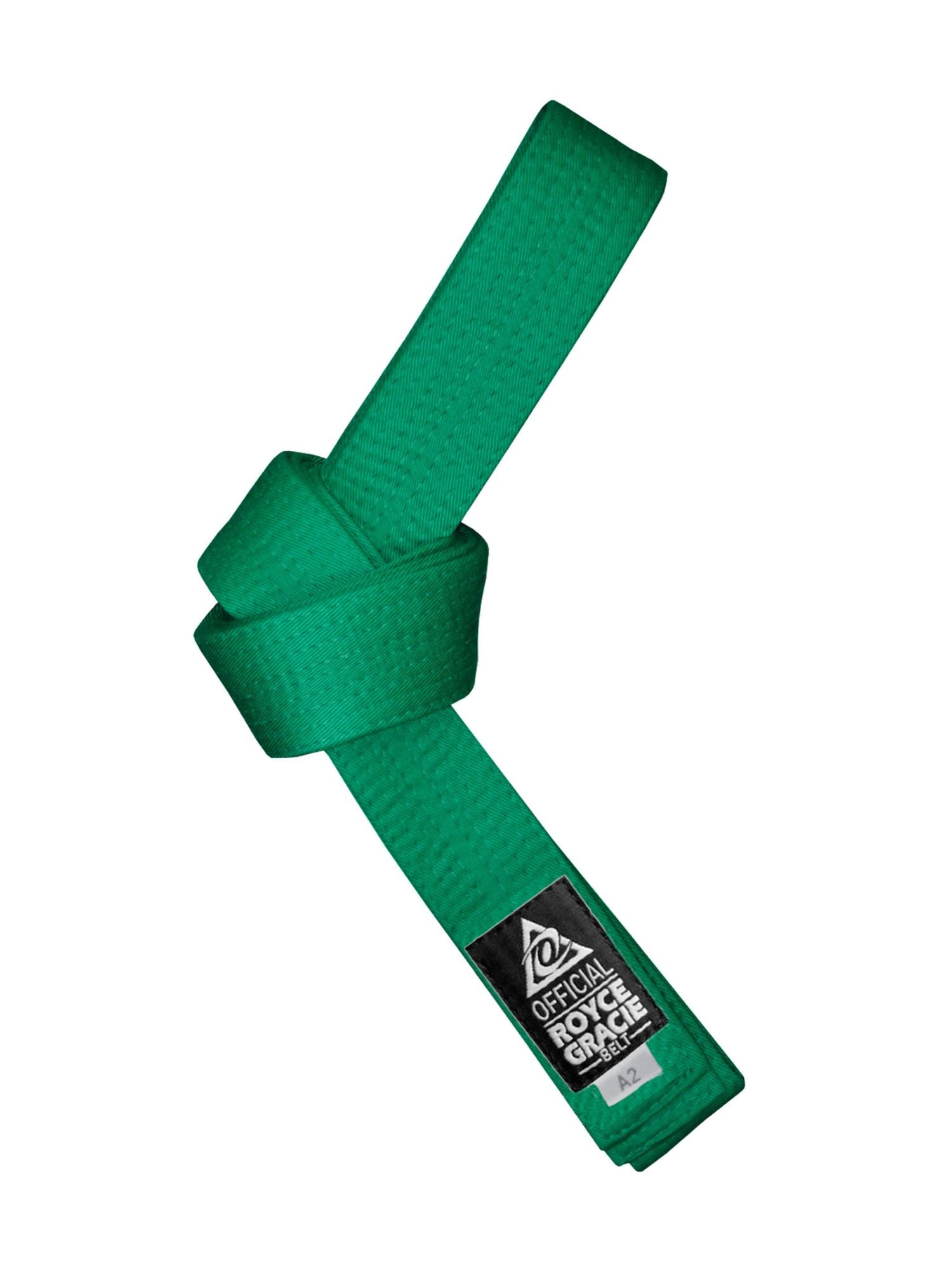 The Royce Gracie Color Kids BJJ Belt in green is displayed tied in a knot, featuring a black and white Official Royce Gracie Jiu-Jitsu patch on one end, set against a white background.