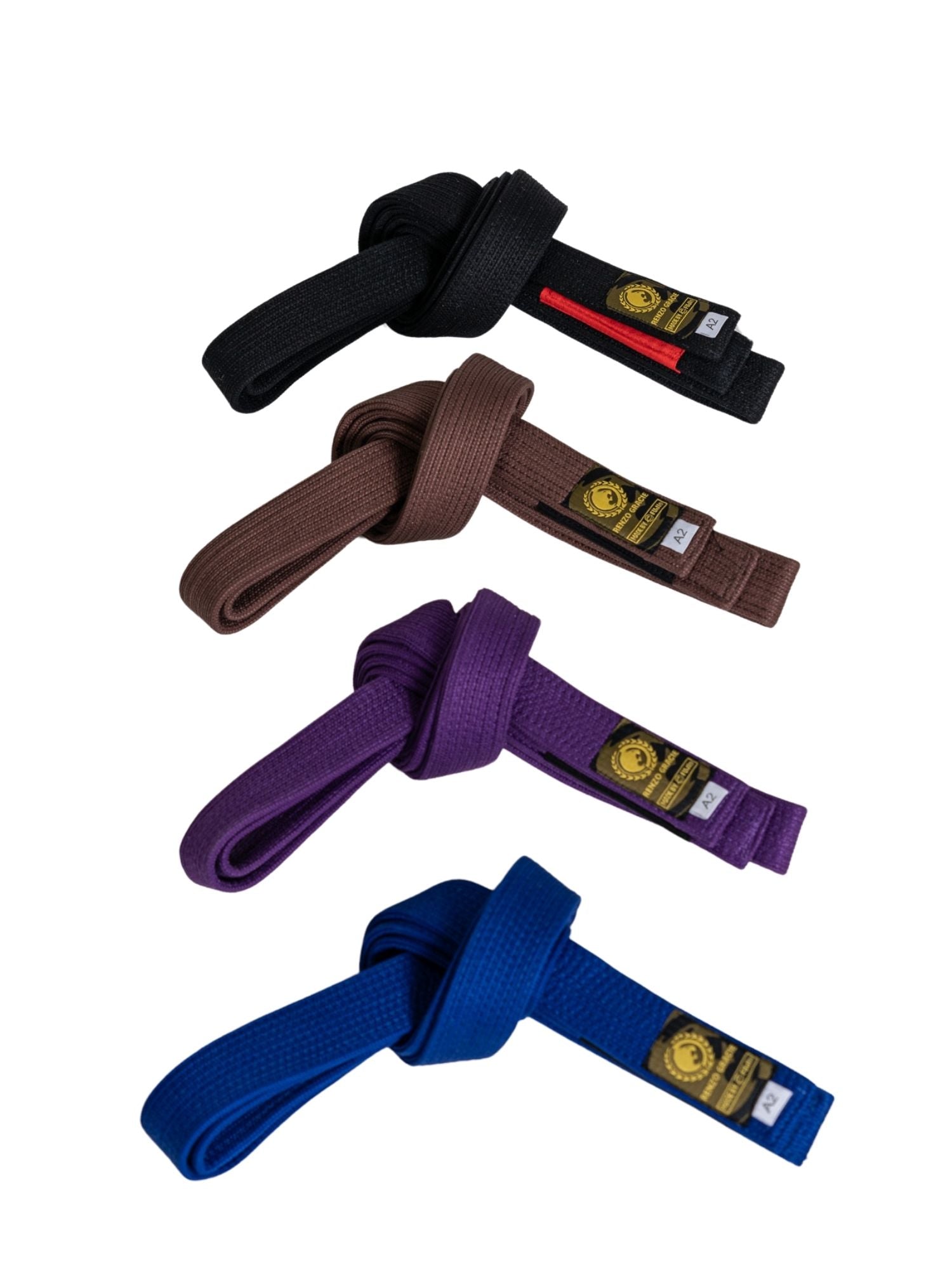 The Renzo Gracie Premium Pearl Weave BJJ Belt in purple is shown tied in a knot on a white background, featuring a patch label with the logo and size.