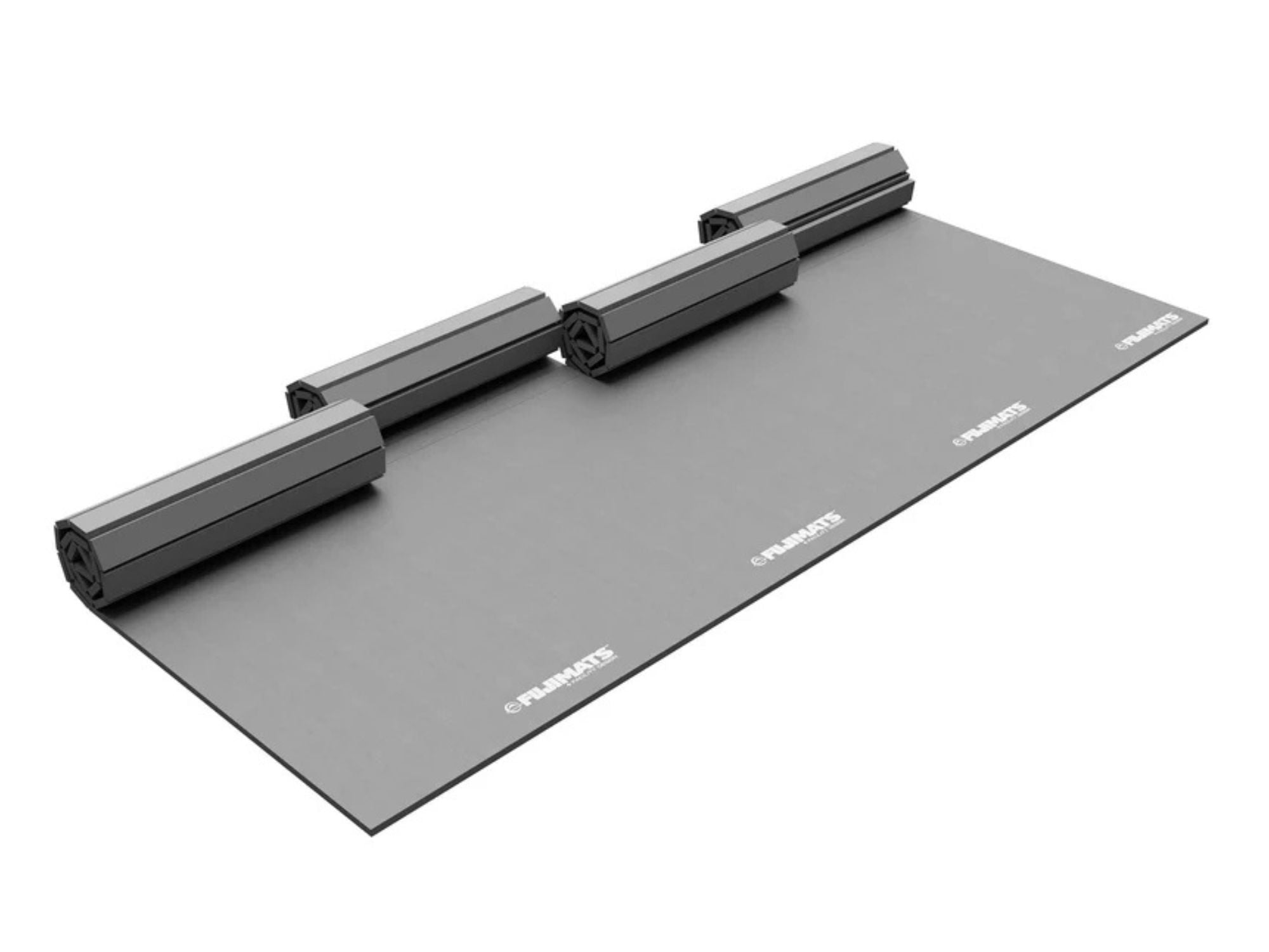 The Home Roll Out Mat Tatami Series Grey is a large gray rectangular mat, partially unrolled with four rolls (two at each end), and features "FUNMAT" printed in white.