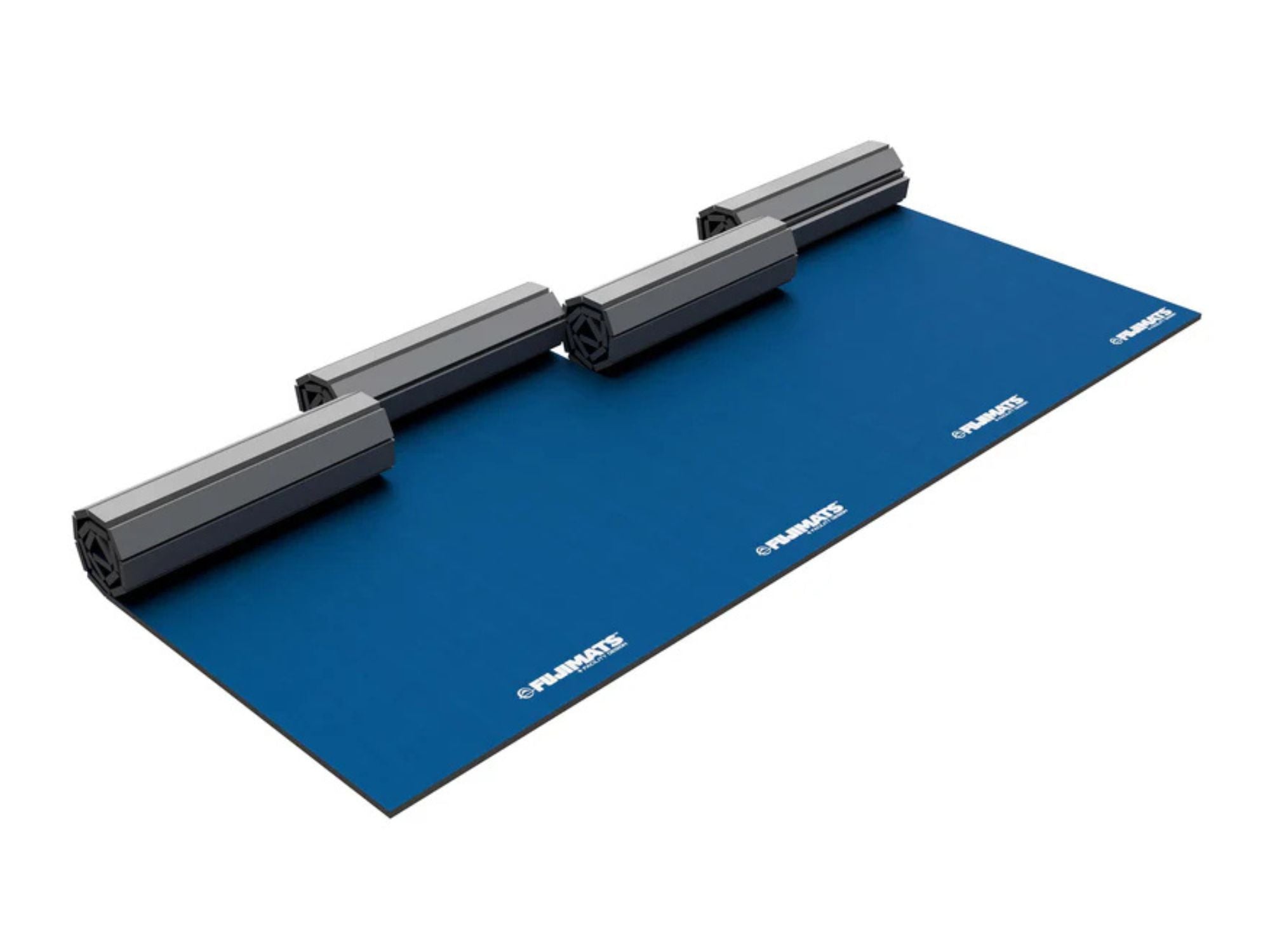 The Home Roll Out Mat Tatami Series Blue is a large mat resembling gym flooring, featuring three rolled-up black edges along its short side and white branding text near each corner.