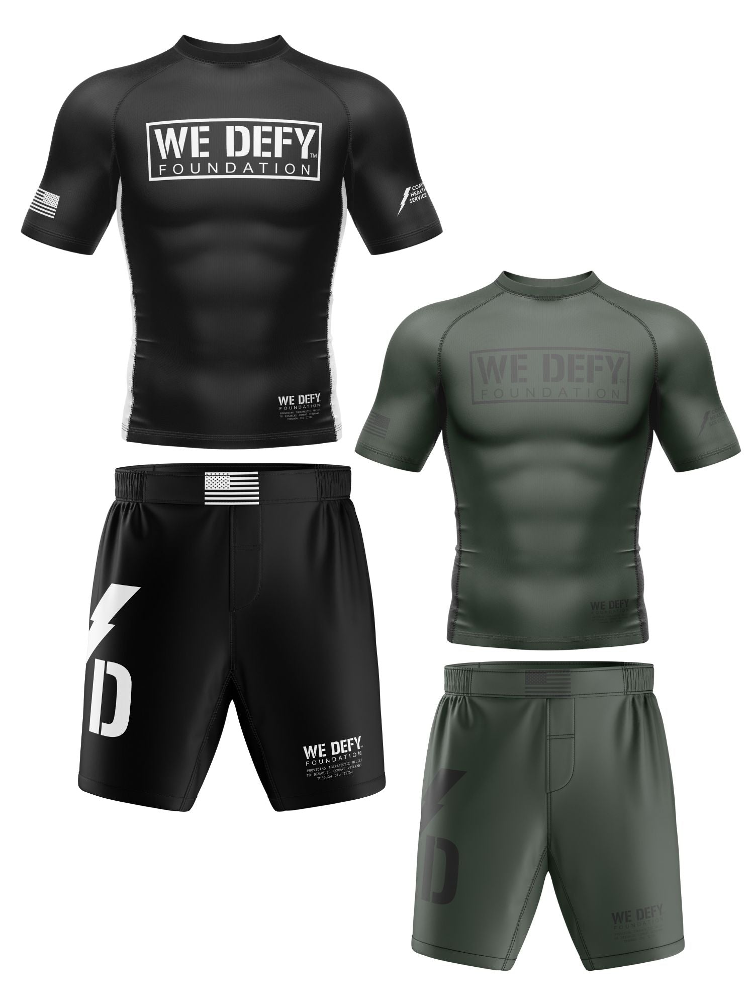 The We Defy NOGI Bundle features four athletic pieces: two short-sleeve rash guards and two pairs of shorts—one bold black set with white WE DEFY FOUNDATION logos and flag patches, and one olive green set with subtle matching logos.