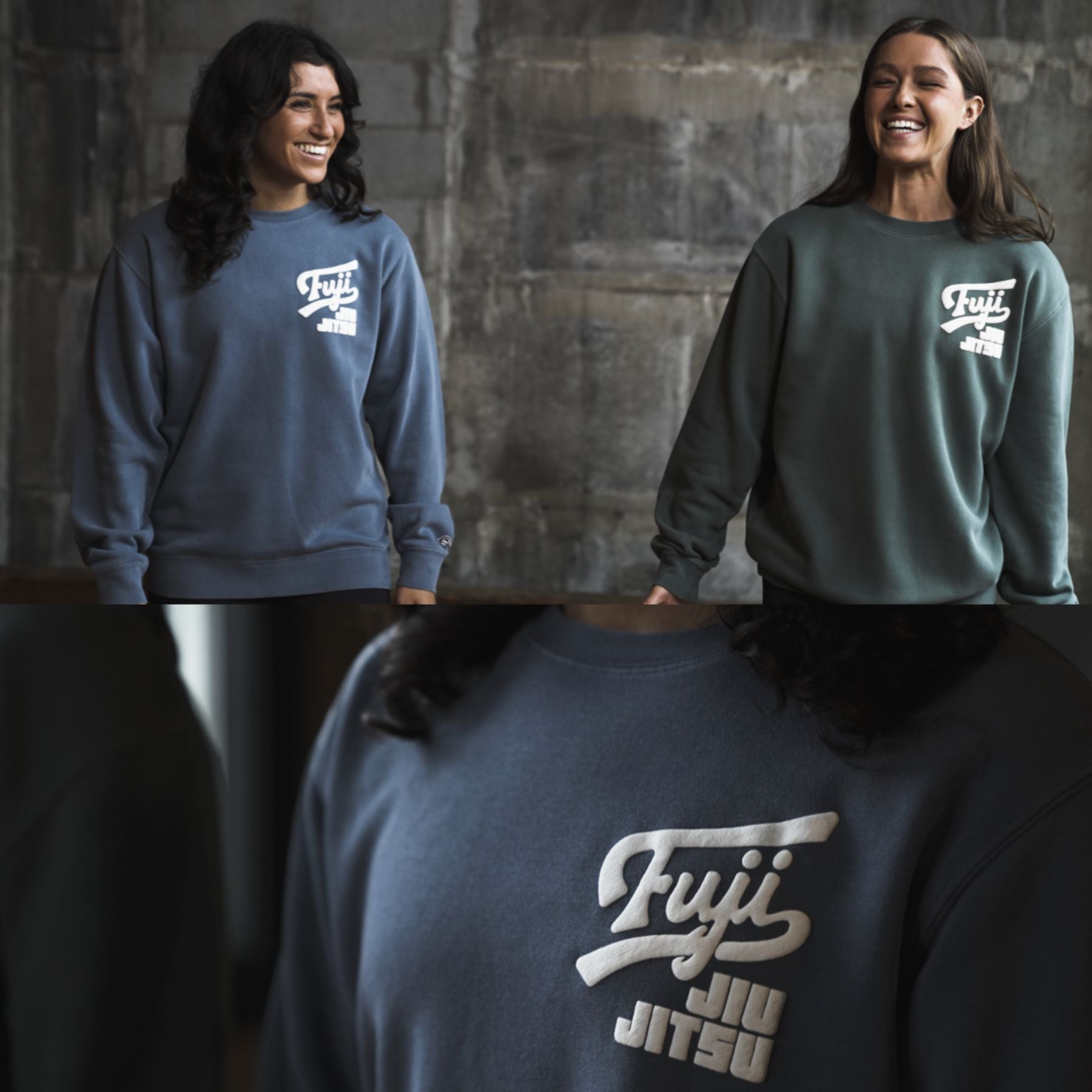 Two women smile and stand side by side, each wearing a sweatshirt with a Fuji Jiu Jitsu logo on the left chest. A close-up below highlights the raised white logo on one of the sweatshirts.