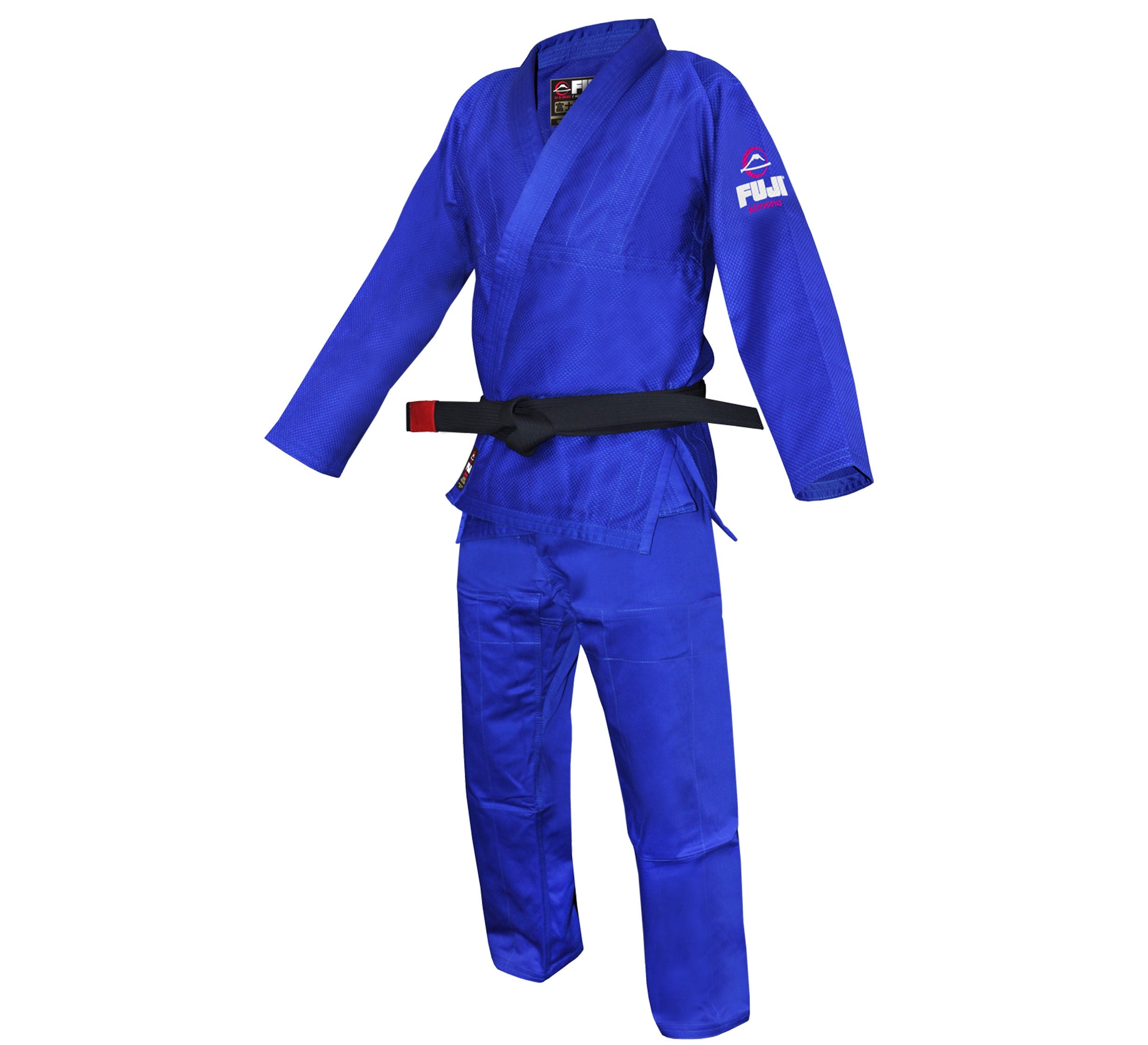 The All Around BJJ Gi Blue, shown upright with a black belt as if worn, displays the FUJI logo on the upper left arm against an empty background.